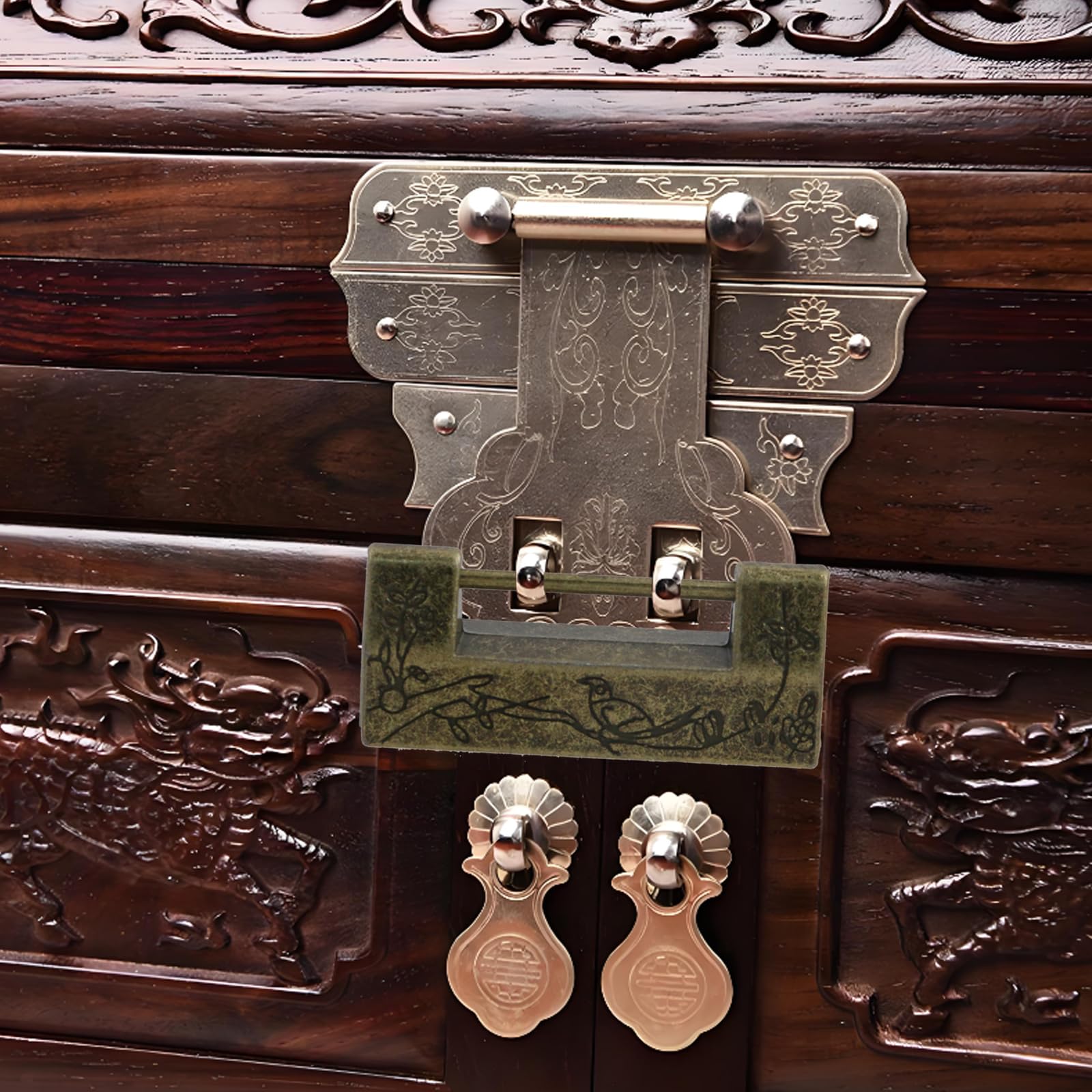 橋アンティーク　鎖鎌 Quluxe Antique Chinese Lock and Key, Flower Bird Carved